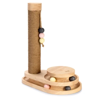 Katzenkratzbaum mit einer Basis aus Naturholz, einem mit Sisal umwickelten Pfosten und bunten Holzperlen zum Spielen.