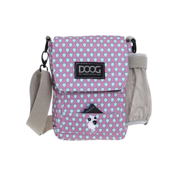 Bunte Hundezubehör-Tasche mit einem pink-blauen Tropfenmuster, mit einem "DOOG"-Logo und einem niedlichen Hundepatch.