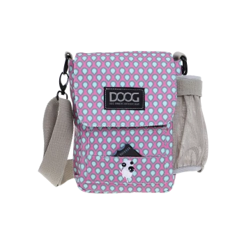 Bunte Hundezubehör-Tasche mit einem pink-blauen Tropfenmuster, mit einem "DOOG"-Logo und einem niedlichen Hundepatch.