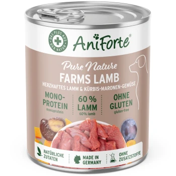 Dose AniForte Pure Nature Farms Lamm-Hundefutter, mit 60% Lamm, glutenfrei, mit natürlichen Zutaten, und einer Schüssel mit rohem Fleisch und Gemüse.