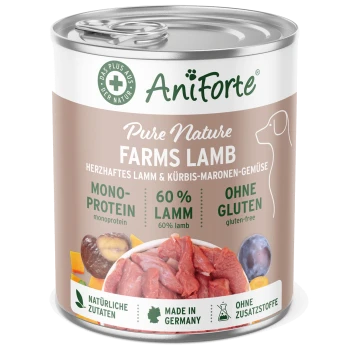 Dose AniForte Pure Nature Farms Lamm-Hundefutter, mit 60% Lamm, glutenfrei, mit natürlichen Zutaten, und einer Schüssel mit rohem Fleisch und Gemüse.