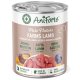 Dose AniForte Pure Nature Farms Lamm-Hundefutter, mit 60% Lamm, glutenfrei, mit natürlichen Zutaten, und einer Schüssel mit rohem Fleisch und Gemüse.