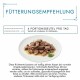 Fütterungsempfehlung für Katzen: 4 Portionsbeutel pro Tag, verteilt auf 2-3 Mahlzeiten. Enthält zarte Fleischstücke auf einem Teller.