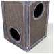 A gray and brown cat scratching post with two circular openings, featuring a soft, plush border and textured scratching surface.