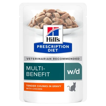 Pochette de nourriture pour chat Hill's Prescription Diet w/d Multi-Benefit avec des morceaux tendres dans une sauce avec du poulet, recommandé par les vétérinaires.