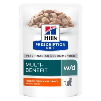 Hill's Prescription Diet w/d Multi-Benefit kattenvoerzak met zachte stukjes in saus met kip, aanbevolen door dierenartsen.
