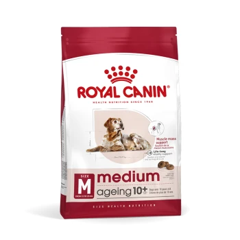 Medium Ageing 10+ 3 kg Royal Canin Medium Ageing 10+ Hundefutterbeutel mit einem älteren Hund, mit Text, der die Unterstützung der Muskelmasse und die lebenslange Vitalität hervorhebt.