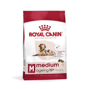 Royal Canin Medium Ageing 10+ Hundefutterbeutel mit einem älteren Hund, mit Text, der die Unterstützung der Muskelmasse und die lebenslange Vitalität hervorhebt.