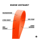 Schwarzer Karabiner mit orangefarbenem Riemen, mit Etiketten: "Langlebiges Aluminium", "400kg Stärke", "86mm", "24g", "Sichere Verriegelung." Text: "SICHERHEITS-KARABINER."
