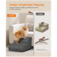 Zwergspitz auf einer grauen Haustier-Rampe neben dem Sofa, deutsche Überschrift 'Design mit geringer Neigung', orange Markierung 'Unsere' und graue 'Andere'.