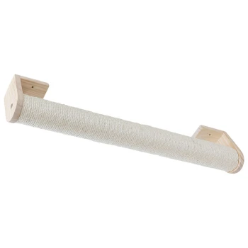 Wandkratzsäule Wandmontierter Kratzbaum für Katzen mit einer Basis aus natürlichem Holz und einer strukturierten Sisal-Seiloberfläche zum Kratzen.