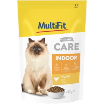 Un sac de nourriture pour chat MultiFit présentant un chat duveteux sur le devant, étiqueté "CARE INDOOR" avec des détails sur l'anti-boule de poils et l'odeur réduite des selles.