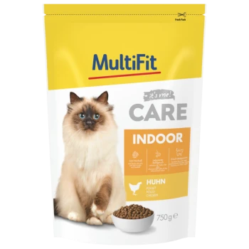 Eine Tüte MultiFit Katzenfutter mit einer flauschigen Katze auf der Vorderseite, beschriftet mit "CARE INDOOR" mit Details zu Anti-Haarball und reduzierter Stuhlgeruch.