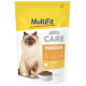 Eine Tüte MultiFit Katzenfutter mit einer flauschigen Katze auf der Vorderseite, beschriftet mit "CARE INDOOR" mit Details zu Anti-Haarball und reduzierter Stuhlgeruch.