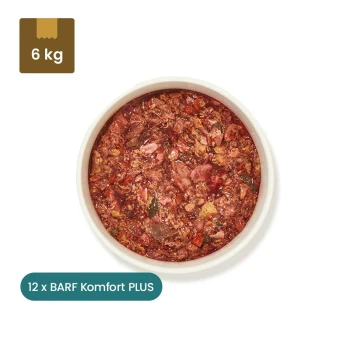 Gefrorenes Haustierfutterpaket mit der Aufschrift "BARF Komfort PLUS Pferd, 500 g" mit einer Schüssel des gleichen Futters, das Fleisch- und Gemüsestücke enthält, und einem "12x"-Abzeichen.