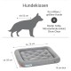Hundebettmaße und Eignung für mittelgroße bis große Hunde, mit einem grauen Design, das ungefähr 75 cm mal 65 cm und 10 cm dick ist.