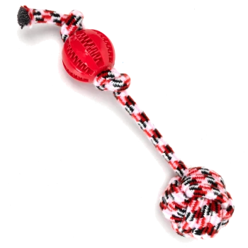 Rot und schwarz kariertes Seilspielzeug mit einem runden Gummiball an einem Ende und einem geknoteten Ball am anderen Ende, entworfen für Haustiere.