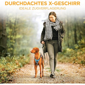 Ein brauner Hund mit einem schwarzen verstellbaren Geschirr sitzt neben einer Person. Der Text lautet "Verstellbarer Bruststeig" und "Kein Achsel Aufscheuern."