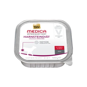 Pâté Medica Veterinary Diet Harnsteindiät pour chiens, 100g, étiqueté comme un aliment complet diététique pour la gestion des calculs urinaires.