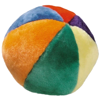 Buntes plüschiges Haustierballspielzeug mit Abschnitten in Orange, Blau, Grün, Gelb, Lila und Rot.