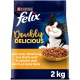 Purina Felix "Doppelt Lecker" 2 kg Katzenfutterbeutel, Tuxedo-Katze neben einer Schale mit Kroketten, deutscher Text über Huhn, Truthahn und Rote Bete