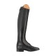 Schwarzer Lederreitstiefel mit hohem Schaft, geschnürtem Vorderteil und abgerundeter Spitze, vor einem weißen Hintergrund ausgestellt.