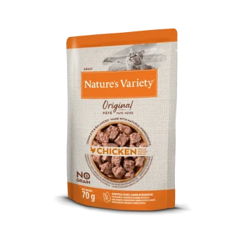 Nature's Variety Original Chicken Pâté dla dorosłych kotów, opakowanie 70g, z obrazkiem teksturowanej karmy i etykietą 'No Grain'.