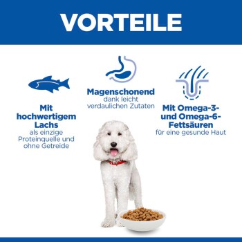 Ein flauschiger weißer Hund steht neben einer Futterschüssel, mit dem Text: "Hochwertiger Lachs," "Mild zum Magen," "Omega-3 & Omega-6 für gesunde Haut."