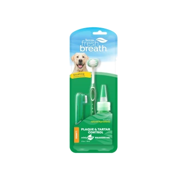 TropiClean Fresh Breath dog toothbrush kit with Plaque & Tartar Control minty fresh brushing gel, Large.
