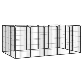Schwarzes Metall-Haustier-Spielgehege mit mehreren Paneelen, entworfen für den Innen- oder Außenbereich, bietet einen sicheren Raum für Haustiere.