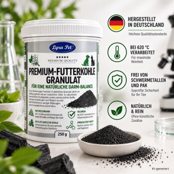 Behälter mit der Aufschrift 'Premium-Futterkohle Granulat', Haufen schwarzer Granulate und gelbe Schale mit Nassfutter; Banner 'natürliche' und 'Darm-Balance'