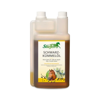 Flasche Stiefel Schwarzkümmelöl für Pferde, die natürliche Zutaten und Immununterstützung zeigt.