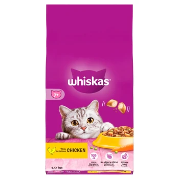 Whiskas cat food bag featuring a gray tabby cat, labeled "With delicious Chicken," 1.9 kg, highlights 100% complete & balanced nutrition.