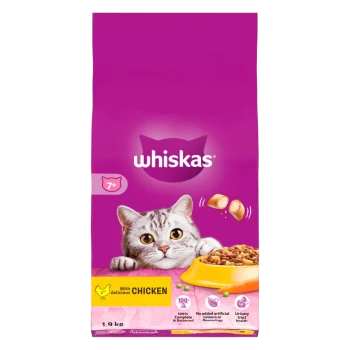 Whiskas cat food bag featuring a gray tabby cat, labeled "With delicious Chicken," 1.9 kg, highlights 100% complete & balanced nutrition.