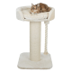 Eine flauschige Katze, die auf einem cremefarbenen Katzenbaum mit einer plüschigen oberen Liegefläche, einem mit Sisal umwickelten Kratzbaum und einem hängenden Seilspielzeug entspannt.