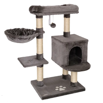 Grauer Kratzbaum für Katzen mit einer gemütlichen oberen Plattform, einem hängenden Spielzeug, einer weichen Hängematte und einem würfelförmigen Versteck, mit einem Pfotenabdruckdesign an der Basis.