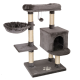 Grauer Kratzbaum für Katzen mit einer gemütlichen oberen Plattform, einem hängenden Spielzeug, einer weichen Hängematte und einem würfelförmigen Versteck, mit einem Pfotenabdruckdesign an der Basis.