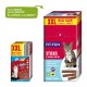 Zwei Leckerli-Boxen für Haustiere: eine kleinere mit der Aufschrift "XXL BIG SIZE SMALL PRICE Fit+Fun Sticks" mit einer Katze und eine größere Box mit "50 Sticks, 4 Sorten."