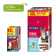 Deux boîtes de friandises pour animaux : une plus petite étiquetée "XXL BIG SIZE SMALL PRICE Fit+Fun Sticks" avec un chat, et une plus grande boîte avec "50 Sticks, 4 variétés."