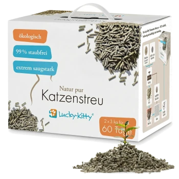 Lucky-Kitty Katzenstreu-Box mit verschütteten Granulatpellets und einem Spross; Etiketten: ökologisch, 99% staubfrei, 2×3 kg/60 Tage