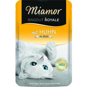 Pochette de nourriture pour chat Miamor Ragout Royale mettant en vedette un chat blanc joueur aux yeux bleus, étiquetée "mit Huhn in Jelly," et marquée "NEU."