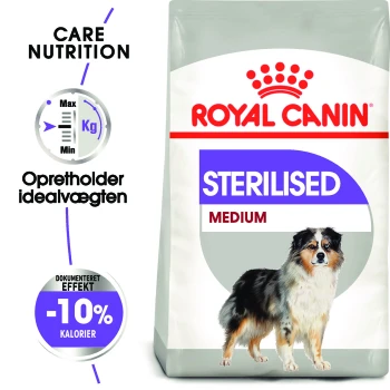 Royal Canin Sterilised Medium Hundefutterbeutel mit einem blauen Etikett, das "STERILISED," "MEDIUM," Nährwertinformationen und -10% Kalorien hervorhebt.
