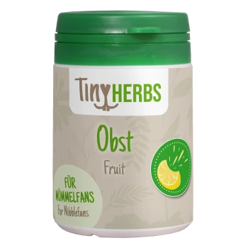 Behälter mit Tiny Herbs Obstmix für Haustiere, beschriftet mit "Obst" und einem grünen Deckel, mit einer Zitrusgrafik und dem Text "Für Mümmelfans."