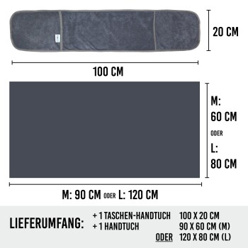 Graues Haustierhandtuch mit den Maßen 100 cm x 20 cm, zusätzliche Größen 90 cm x 60 cm (M) oder 120 cm x 80 cm (L), enthält 1 Handtuch.