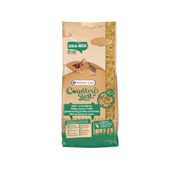 Sac de Versele-Laga Country's Best, mélange de grains pour poussins et cailles GRA-MIX 510, montrant des images de poussin et de caille et des graines visibles