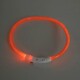 Helle orangefarbene LED-Haustierhalsband mit einem weißen Steuerknopf, leuchtet in einer dunklen Umgebung.