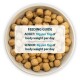 Bowl of pet food pellets with a feeding guide overlay stating: "ADULT: 10g per 1kg of body weight per day; SENIOR: 8g per 1kg of body weight per day."