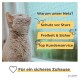 Eine graue Katze schaut aus einem Fenster mit einem Sicherheitsnetz. Text: "Fall Protection," "Freedom & Safety," "Top Service," "Für ein sicheres Zuhause."