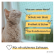 Eine graue Katze schaut aus einem Fenster mit einem Sicherheitsnetz. Text: "Fall Protection," "Freedom & Safety," "Top Service," "Für ein sicheres Zuhause."