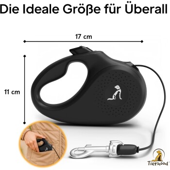 Schwarze ausziehbare Hundeleine mit einem silbernen Clip, Maße 17 cm x 11 cm, mit einem taschenfreundlichen Design für einfache Aufbewahrung.